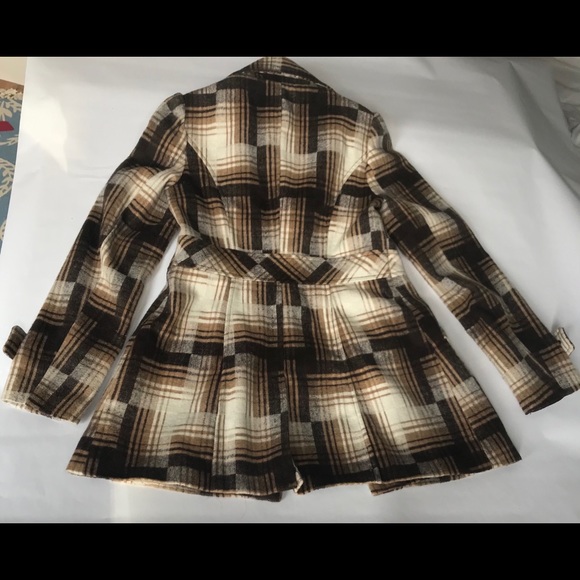 Ambition Ruffle winter Coat Brown and Black Plaid fitted waist Size S - Picture 2 of 12